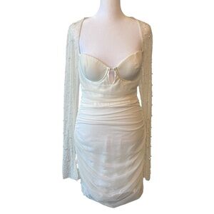 Edge Bodycon Dress Women's L White Long Bell Sleeve Embellished Cottagecore